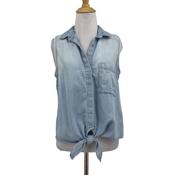 Cloth & Stone Blouse Womens S Small Chambray Tie Front Button Down Sleeveless - Picture 1 of 14